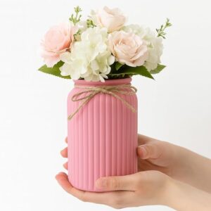 Plastic Ribbed Decorative Vase with Jute Rope Top | Ceramic Look, Unbreakable Flower Pot for Centre Table, Balcony & Living Room Decor | Only Vase (No Flower) (Pink)